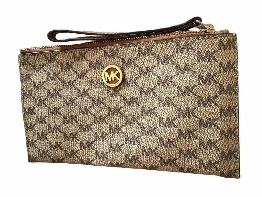 Michael Kors Signature Logo Brown Monogram Wristlet Clutch Pouch